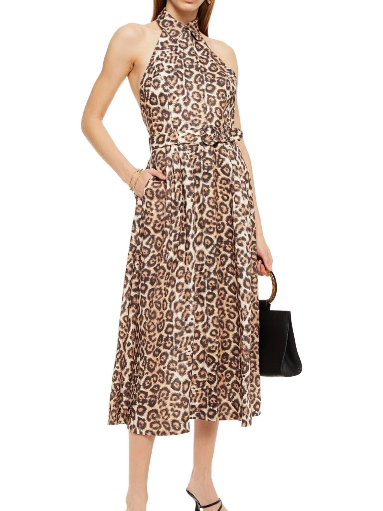 Zimmermann Bonita Belted Leopard-Print Linen Halterneck Midi Dress - Size 0 Nwt